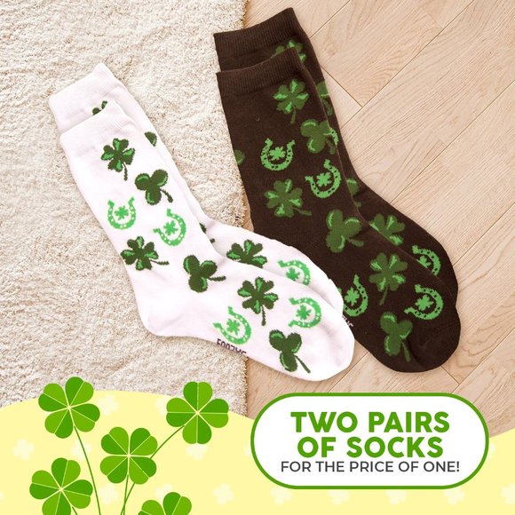 Luck Irish Four Leaf Clover Shamrock Horseshoe Green Foozys 2 Pair Women's Socks - Picture 4 of 5